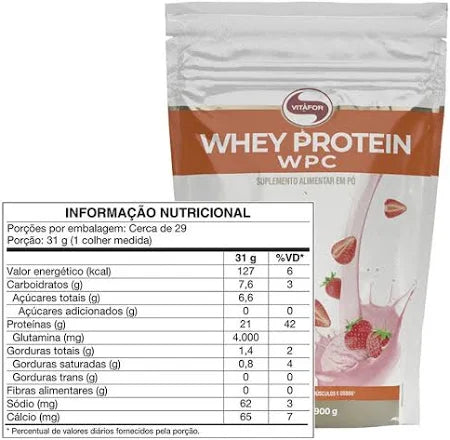 Whey Protein Concentrado  WPC (900g) Refil - Vitafor -  Sabor Morango